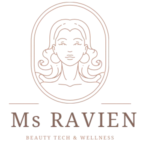 Logo for Ms Ravien, a brand in the beauty tech and wellness sector, featuring an outline of a woman's face in an oval frame.